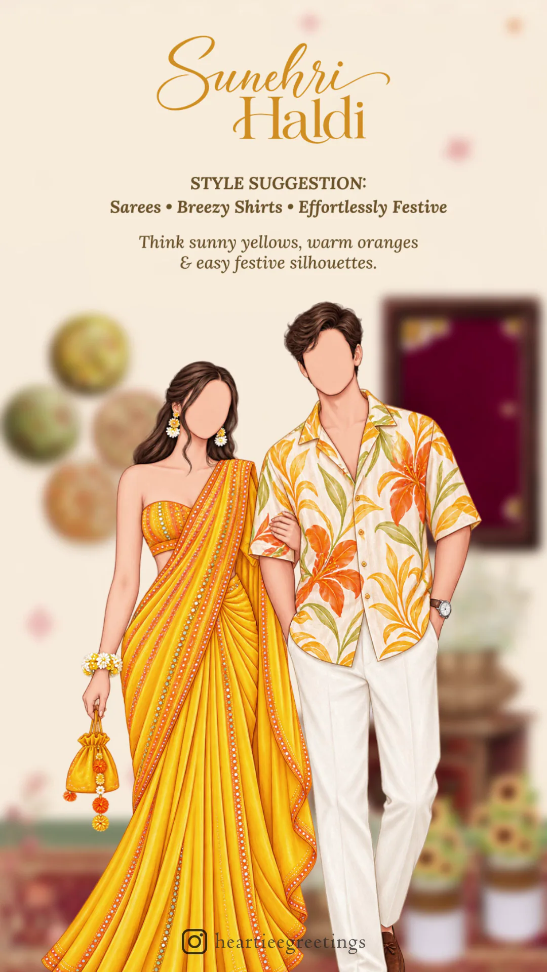 Sunehri Haldi. Style suggestion: Sarees • Breezy Shirts • Effortlessly Festive. Think sunny yellows, warm oranges & easy festive silhouettes.